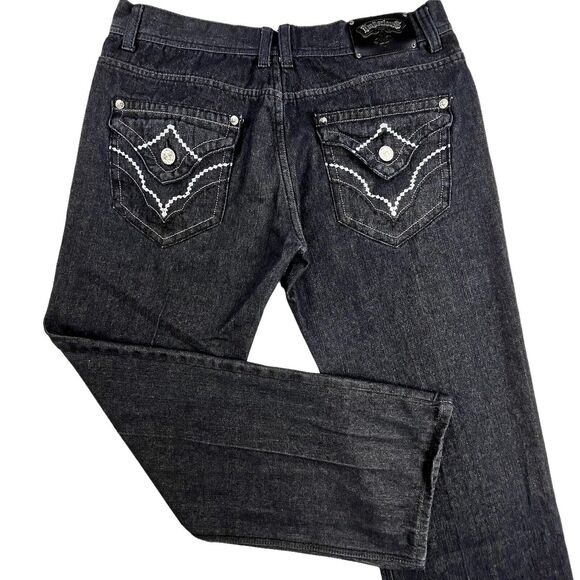 Imperious Delf Trading Jeans 38x33 Black Vintage Flap Pocket Embroidered Rock - Picture 1 of 16